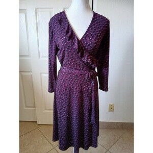 Leota Womens Dress Purple Black Polka Dot faux Wrap Size Medium‎ Ruffle